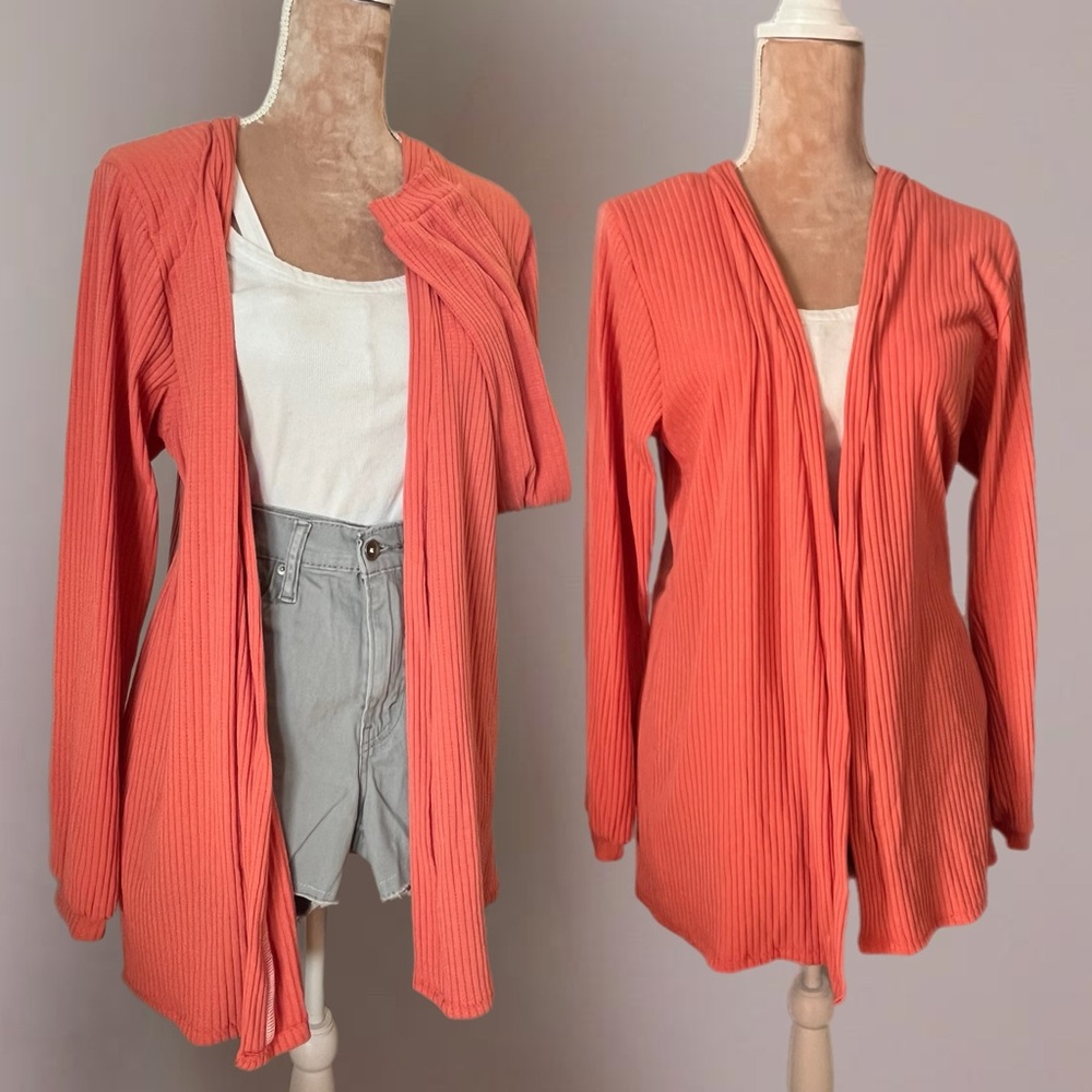 Peach orange Knit long cardigan. Handmade fits XL-1X best.